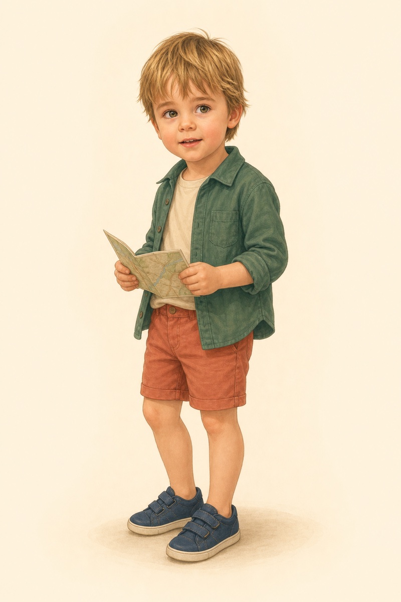 Illustrated portrait of the first boy holding a map