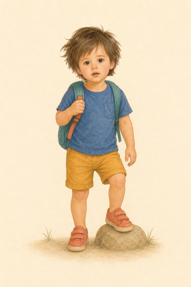 Illustrated portrait of the second boy balancing on a stone