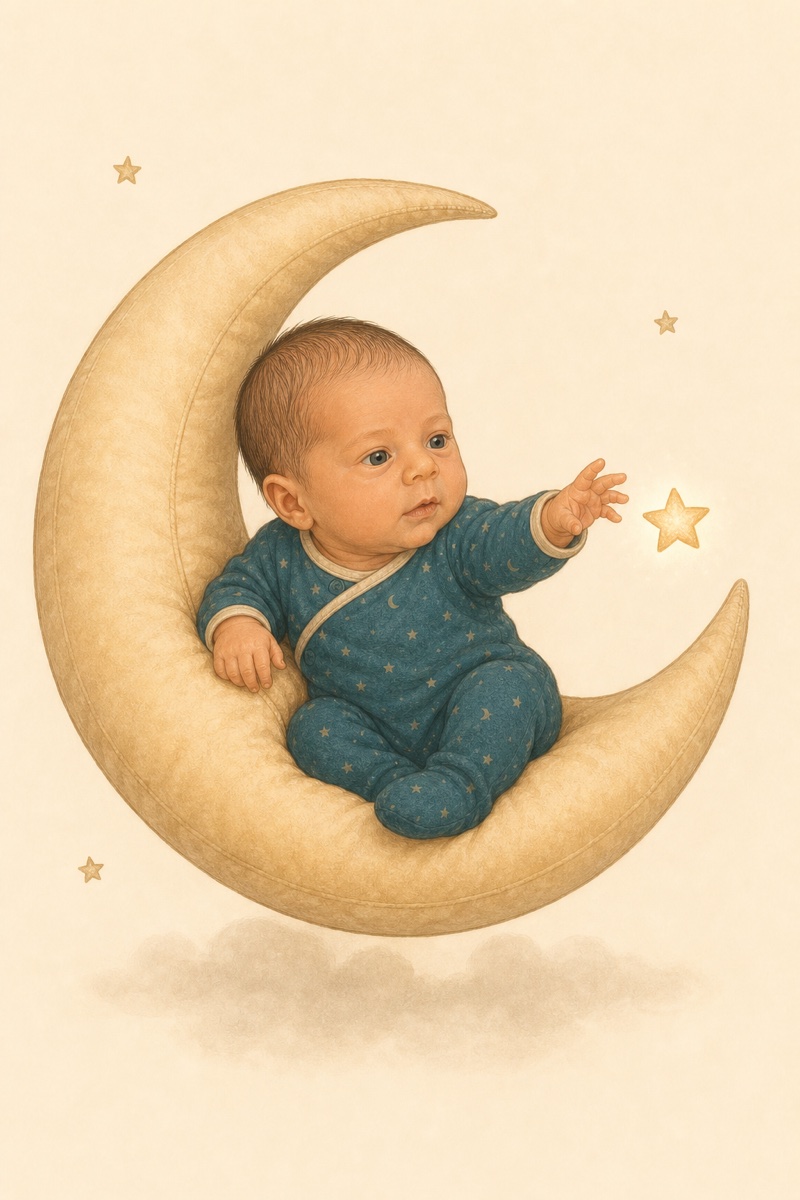 Illustrated portrait of the youngest boy sitting on a crescent moon